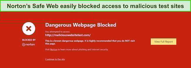 Norton review showing security feature where Safe Web blocks access to malware test sites.